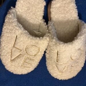 Fluffy White Slippers with Gold Embroidery